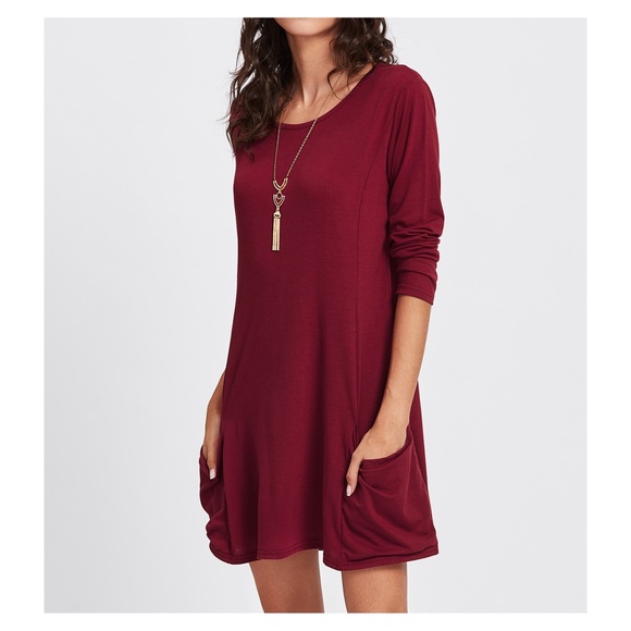 Burgundy Red Long Sleeve Side Pockets Shift Dress - Picture 4 of 6